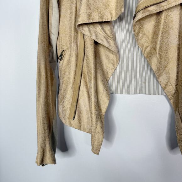 Georgie XSmall Cream Metallic Faux Leather Moto Jacket Foldover Collar Bikercore - Picture 3 of 10